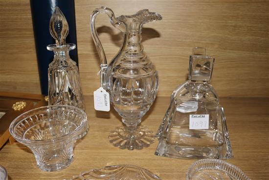 A Baccarat cut crystal bowl, 6 glass cocktail sticks, an Orrefors decanter, two other decanters, a claret jug (a.f) and 5 other items